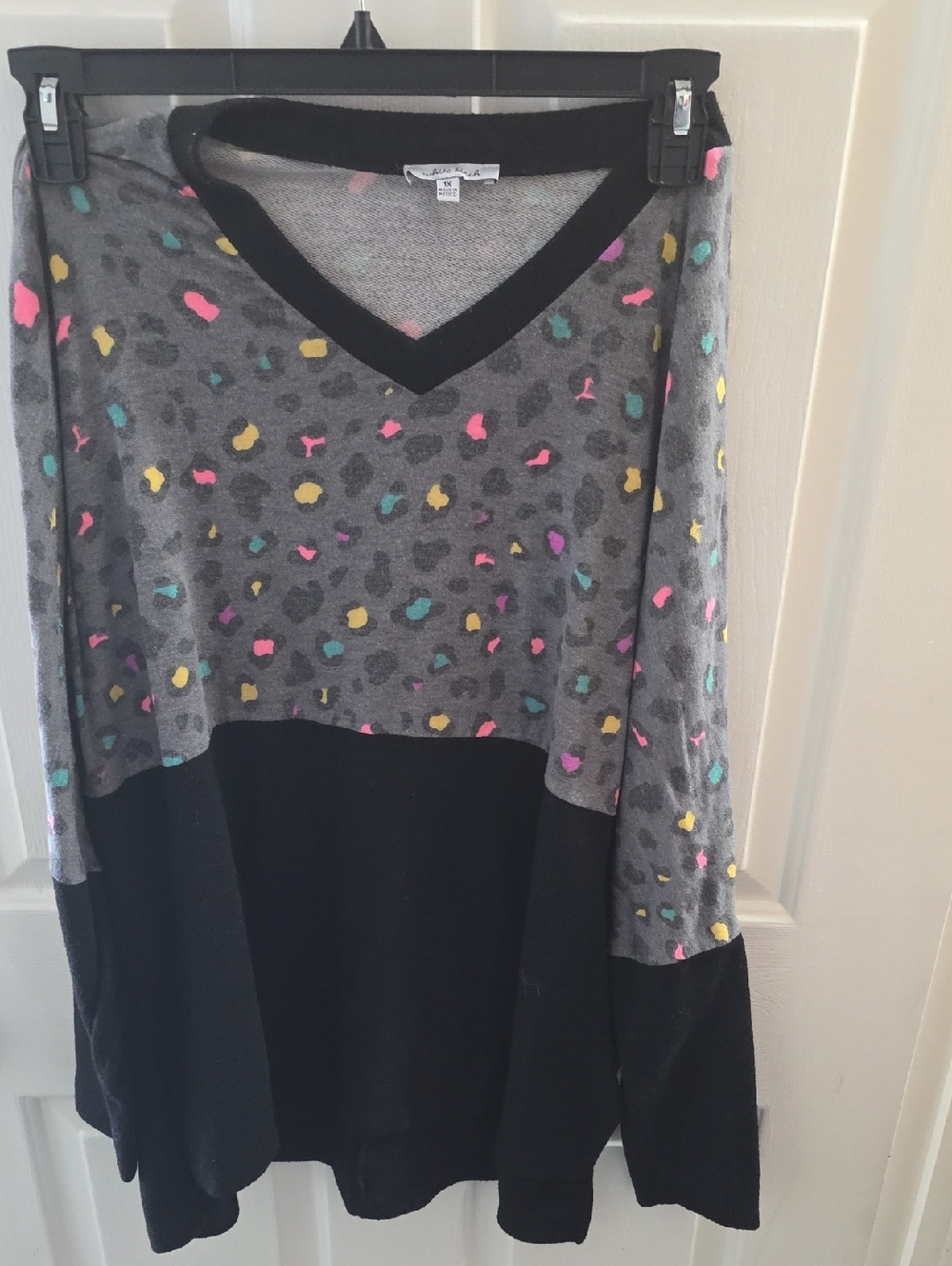 white birch Gray V-Neck Sweater with Pink, Yellow and Teal Spots